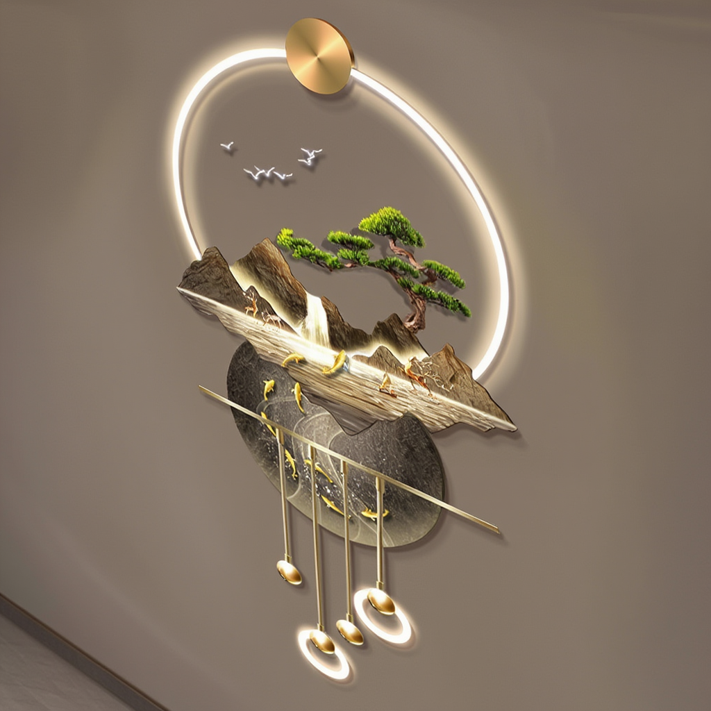 LED Crystal Paintings Zen Cascade: Luminous Mountain & Fish LED Crystal Wall Art with Pendulum Accents