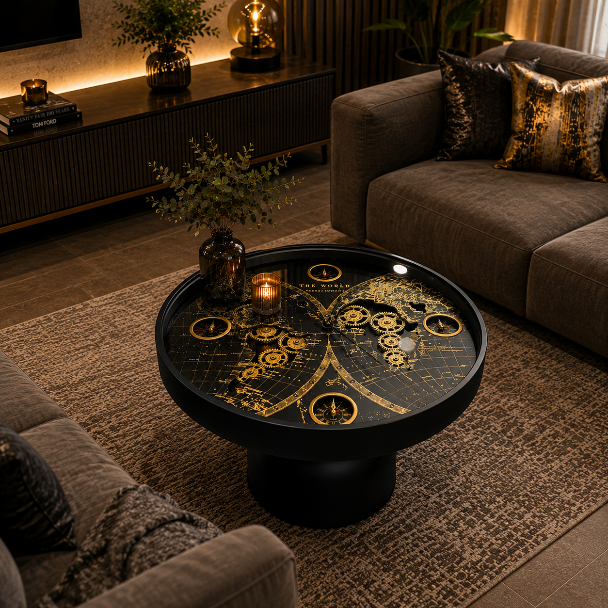 Luxury World Map Clock Center Table