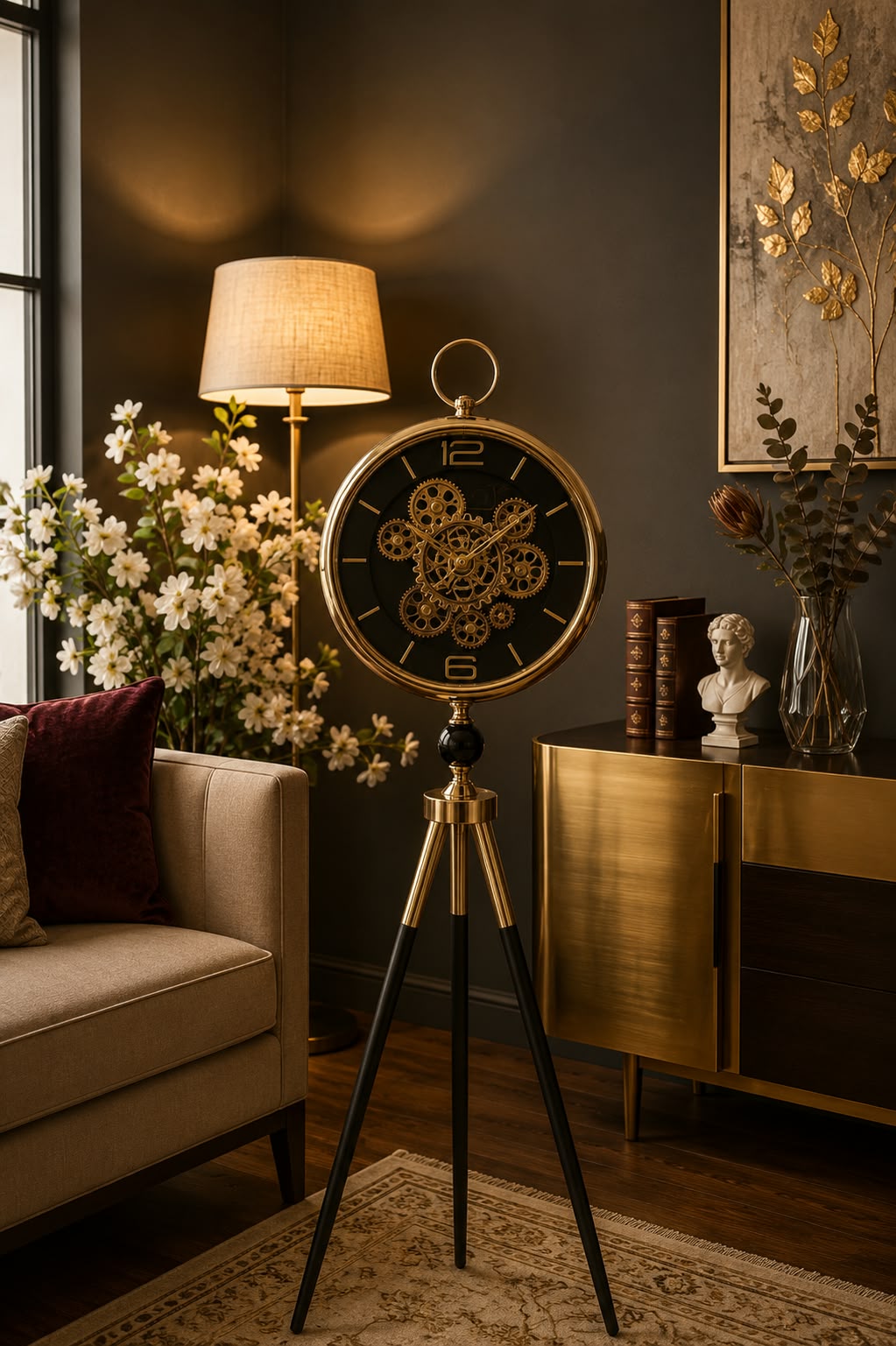 Luxury LED Tripod Floor Clock Elegant Gear Design with Illuminated Dial