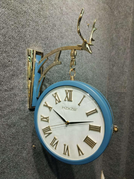 Vintage Wall Mounted Double-Sided Clock with Blue Frame and Deer Antler Design – HZXZB Roman Numerals Decorative Hanging Clock for Home, Office, and Café