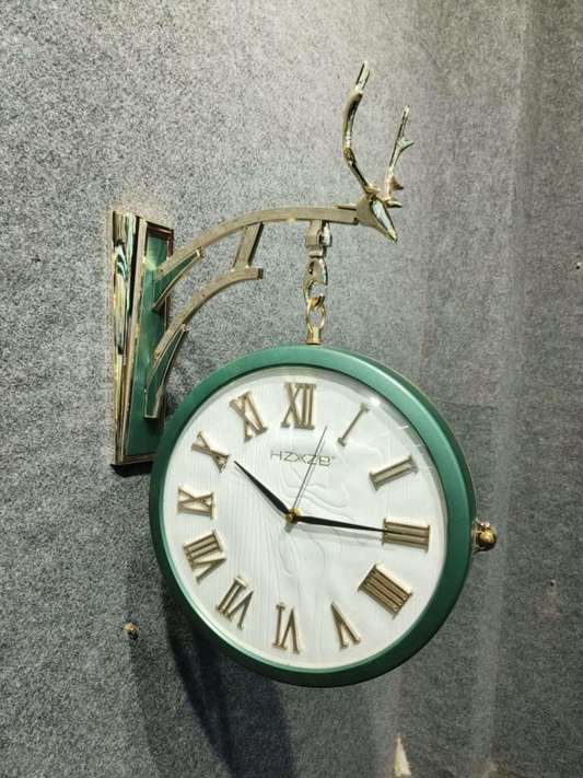 HZXZB Vintage Double-Sided Wall Clock with Green Frame and Deer Antler Design – Roman Numerals Decorative Clock for Living Room, Café, Hallway, or Office