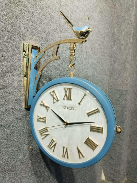 HZXZB Vintage Double-Sided Wall Clock with Blue Frame & Bird Topper – Roman Numeral Decorative Clock for Living Room, Hallway, Office & Café