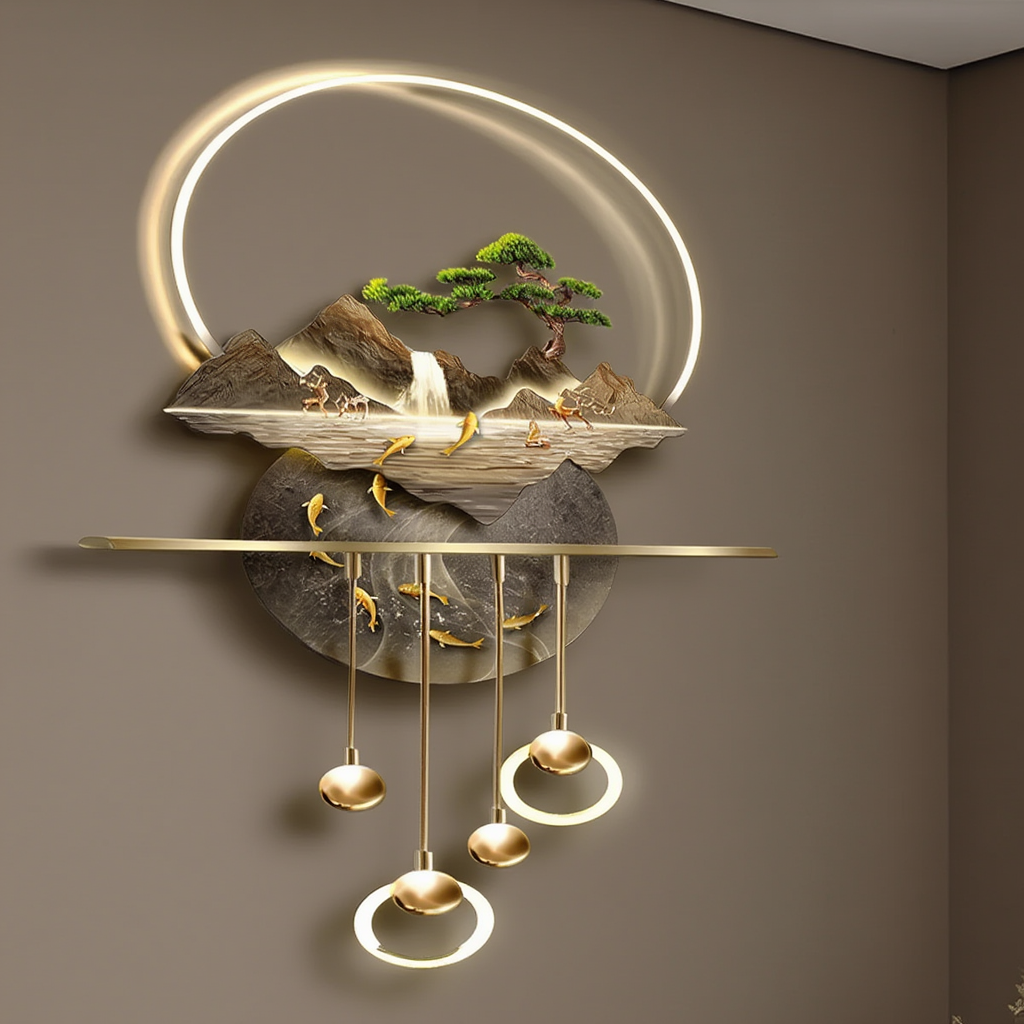 LED Crystal Paintings Zen Cascade: Luminous Mountain & Fish LED Crystal Wall Art with Pendulum Accents