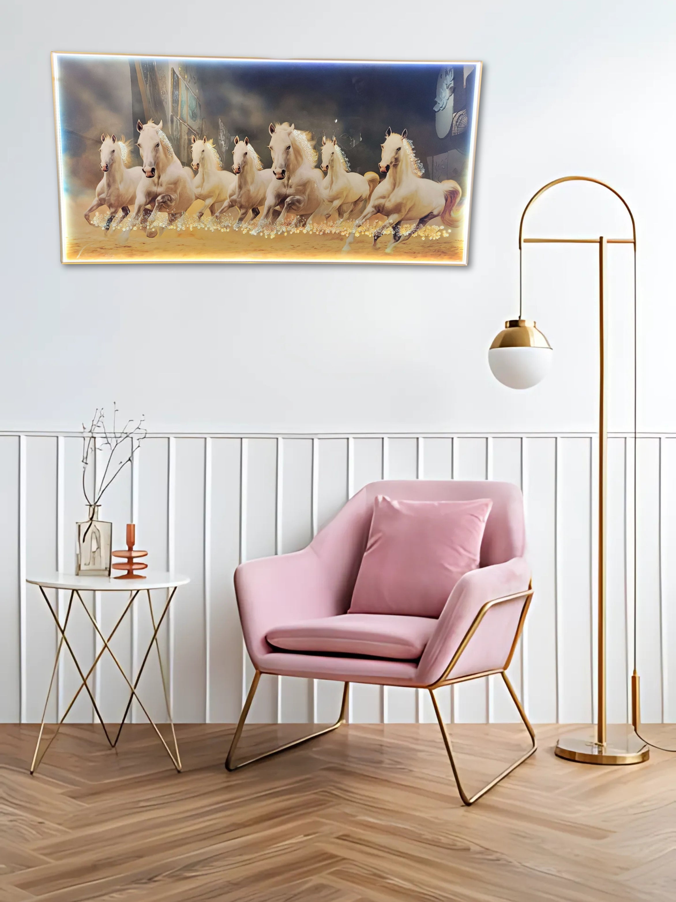 LED Crystal Paintings 7 Horse Vastu Art Paintings Framed White Seven Horses Running Wall Hanging Home Decoration Painting