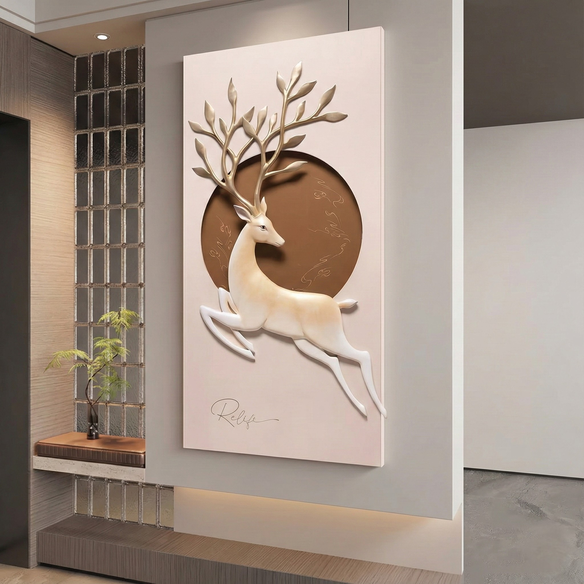 3D Golden Deer Wall Art – Luxury Resin & Metal Sculpture Panel