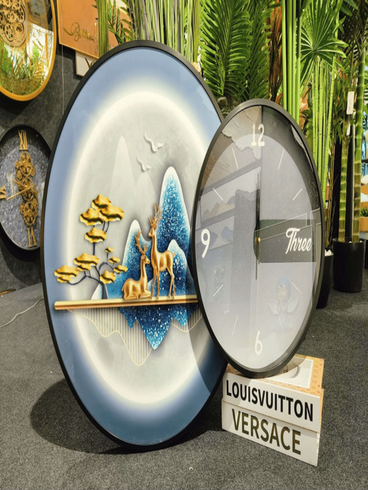 Premium Wall Clocks Gilded Serenity Clock Abstract Deer & Mountain Design