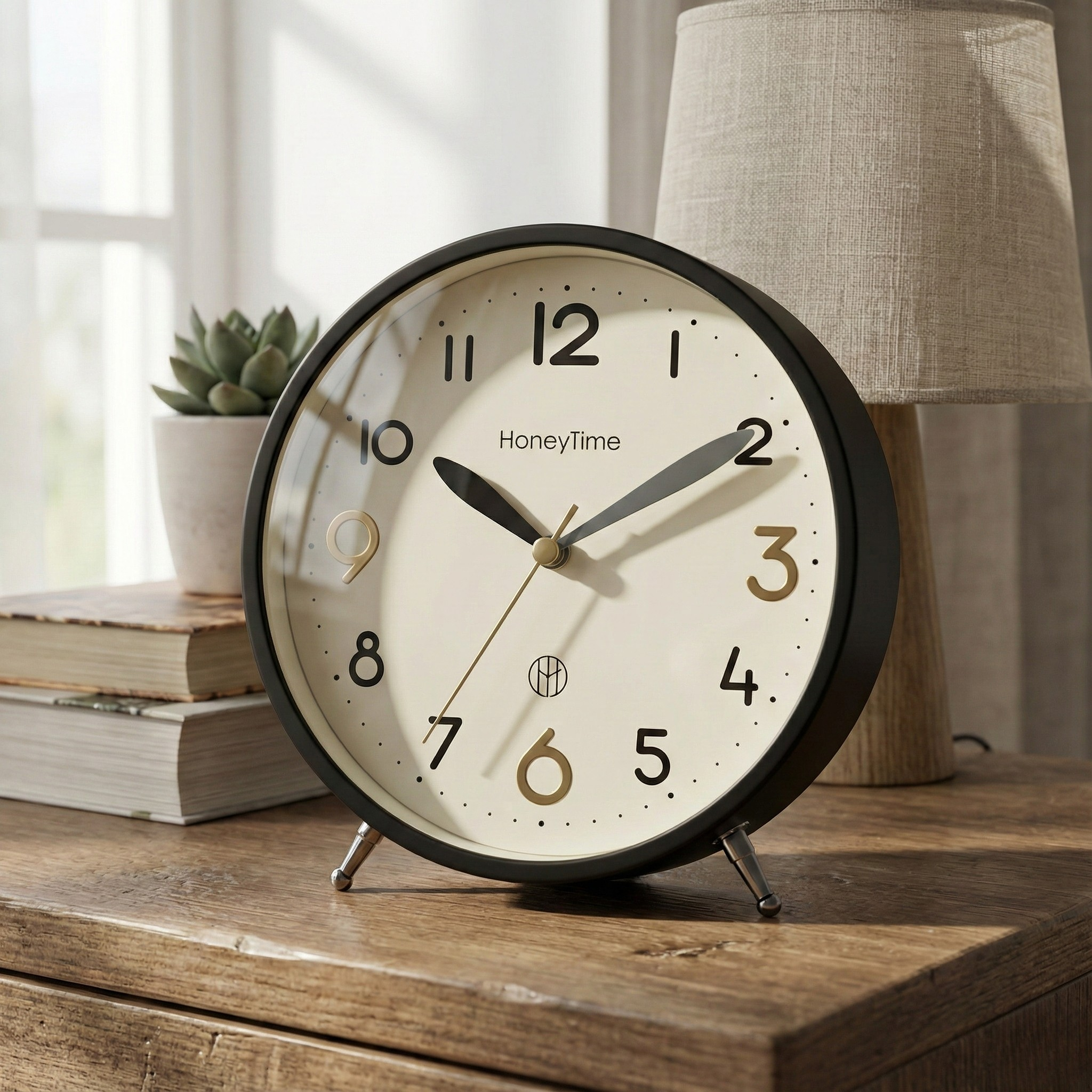 Table Clock Classic Round Analog Alarm Clock with Tripod Stand