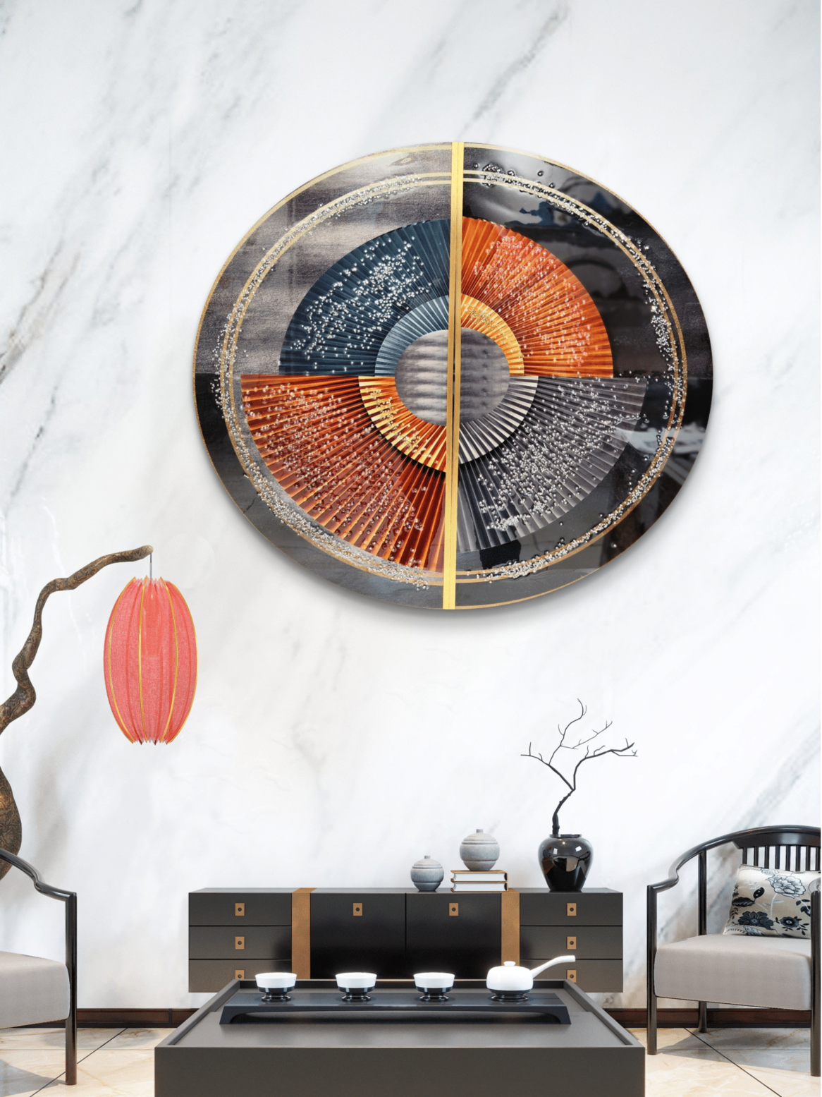 Crystal Paintings Radiant Harmony Circular Crystal Art with Oriental Fan Designs