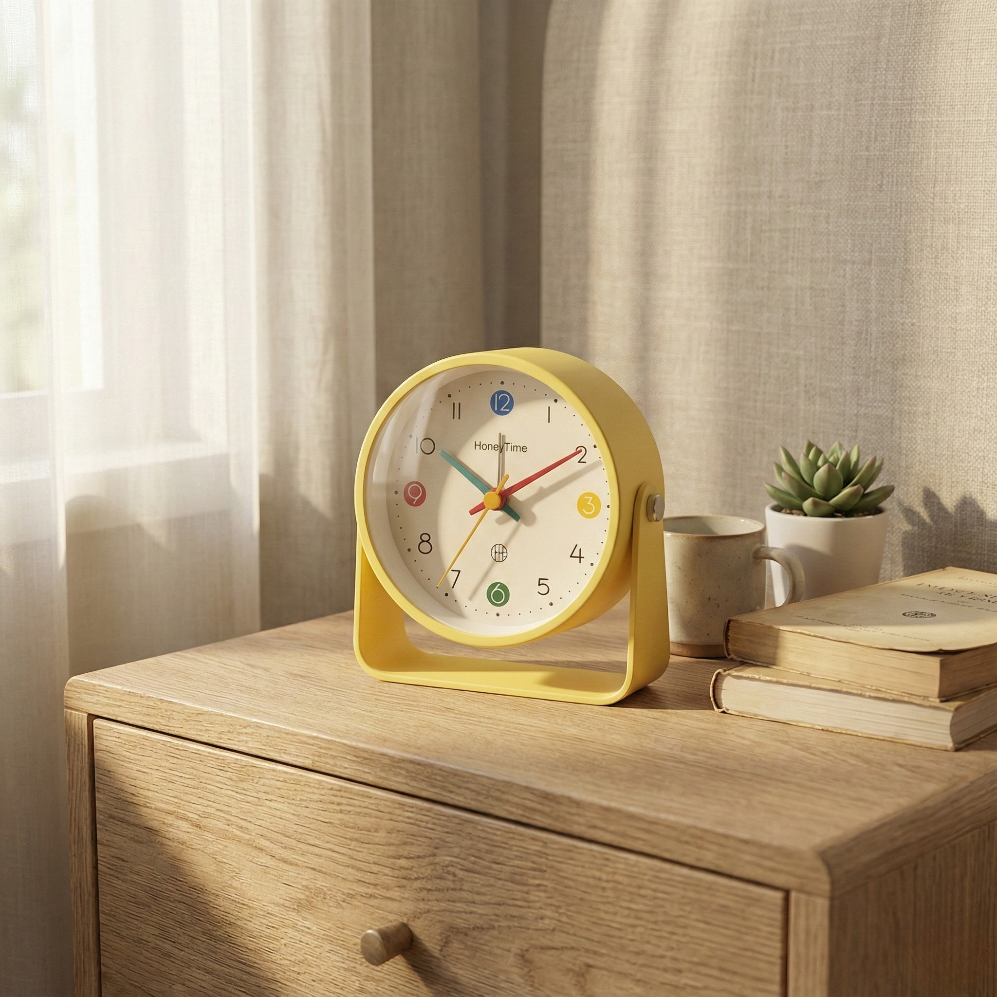 Table Clock Vibrant Round Analog Alarm Clock with Curved Stand