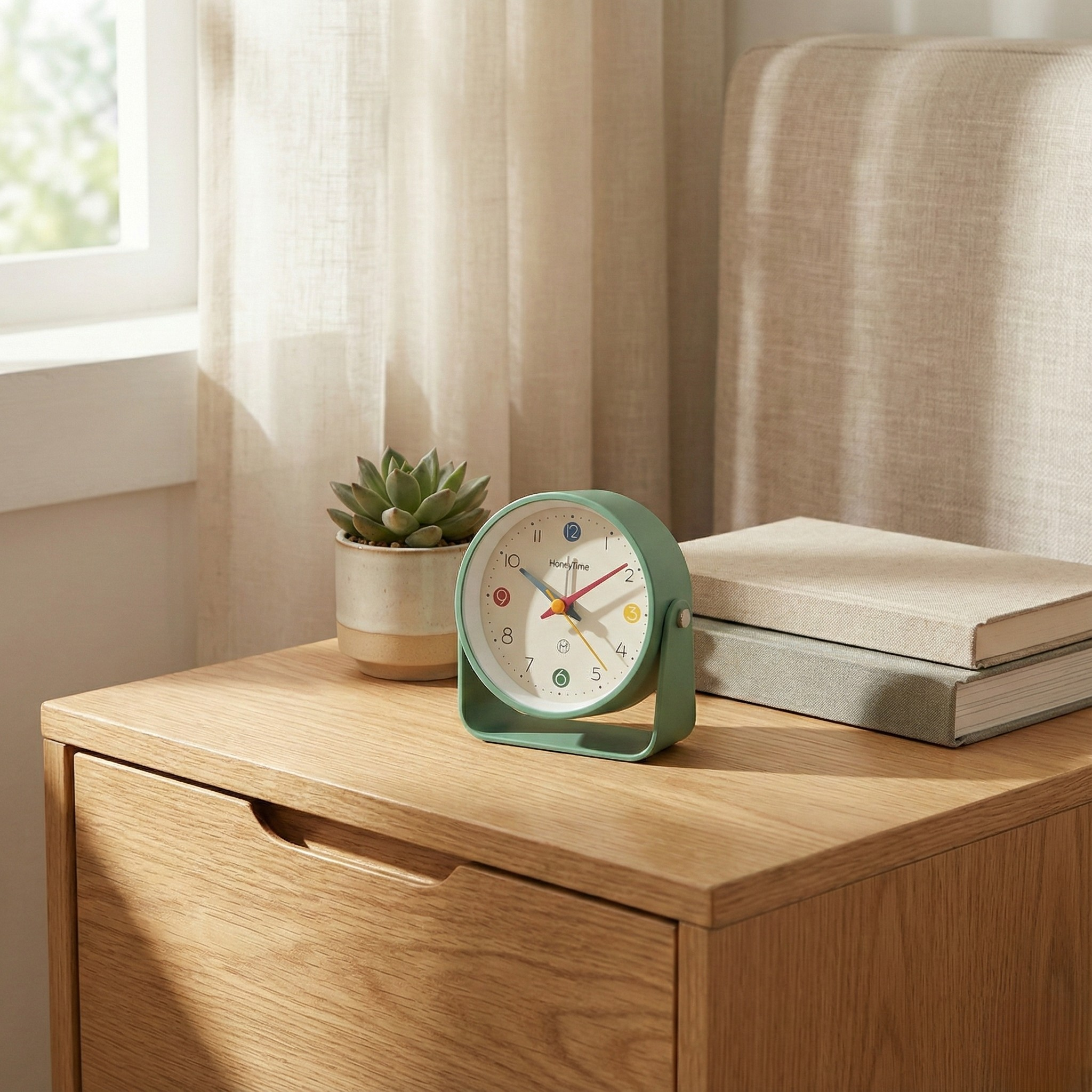 Table Clock Vibrant Round Analog Alarm Clock with Curved Stand