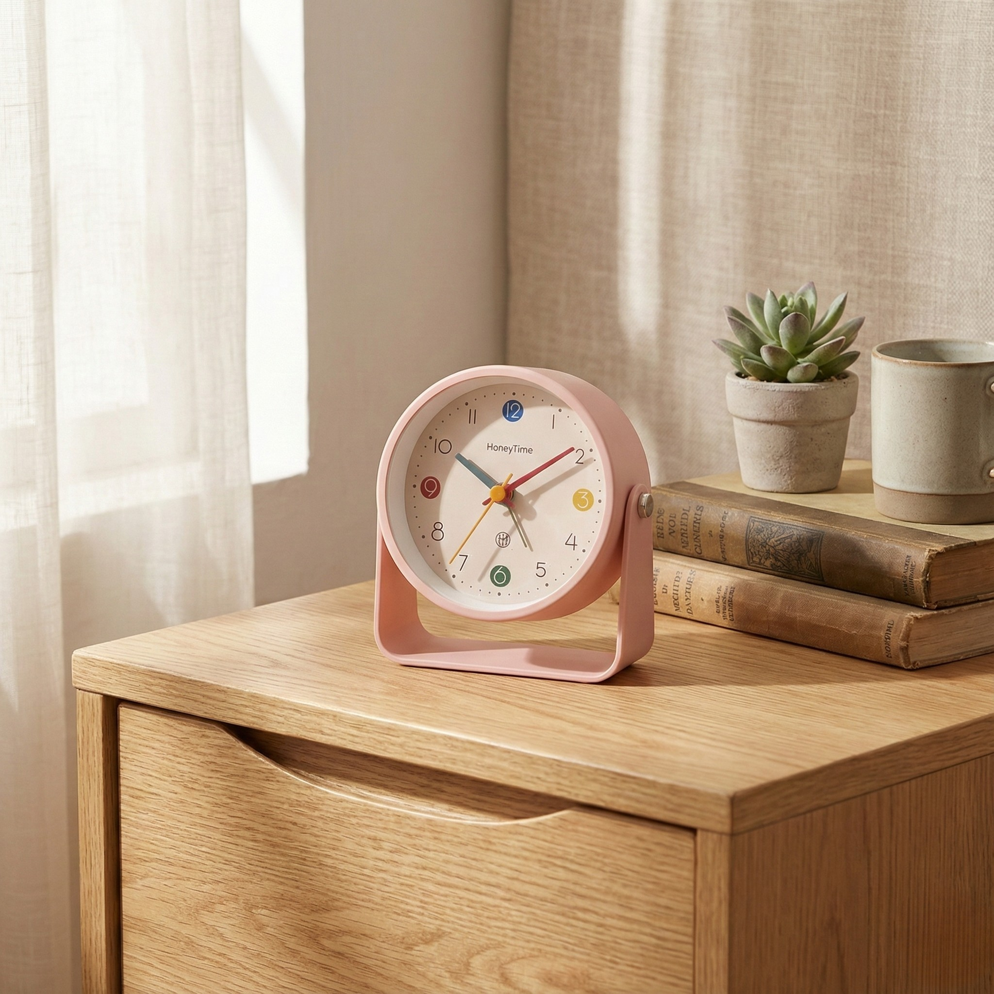 Table Clock Vibrant Round Analog Alarm Clock with Curved Stand