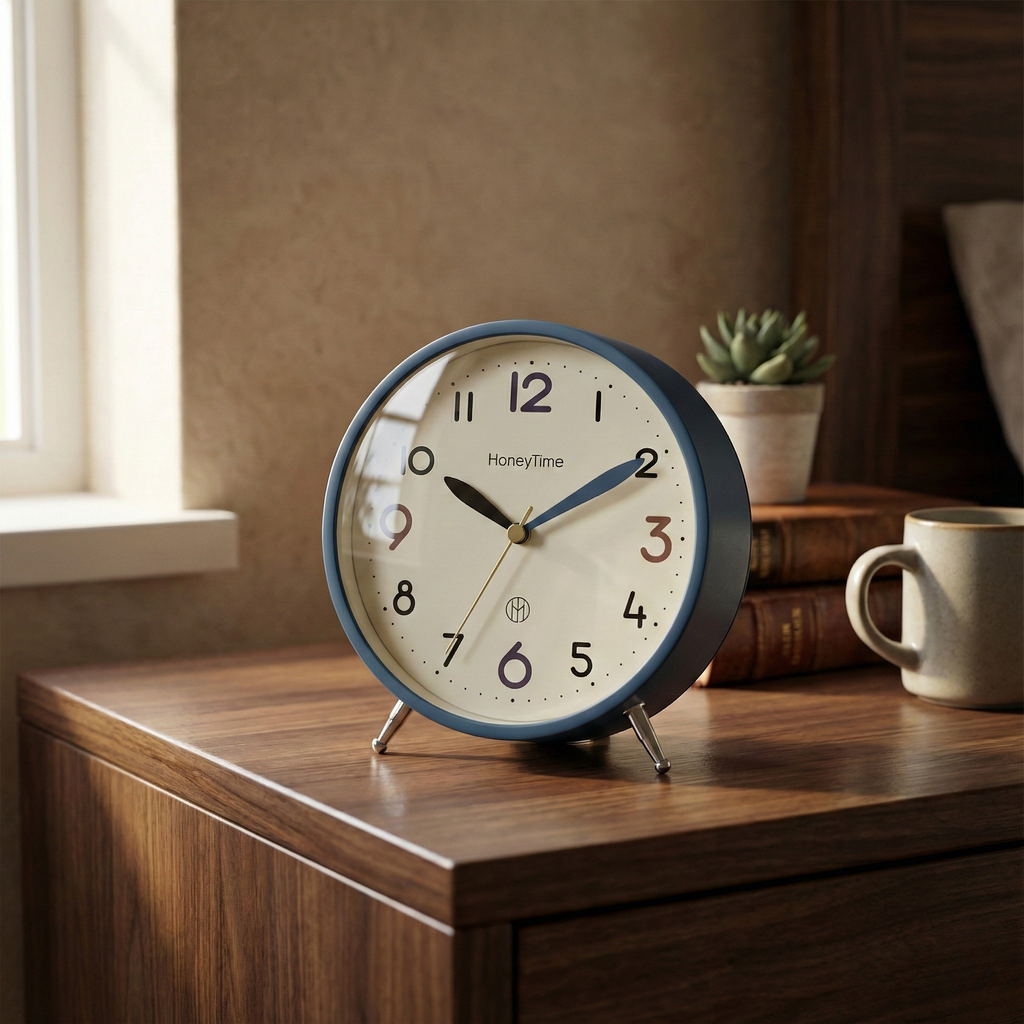 Table Clock Classic Round Analog Alarm Clock with Tripod Stand