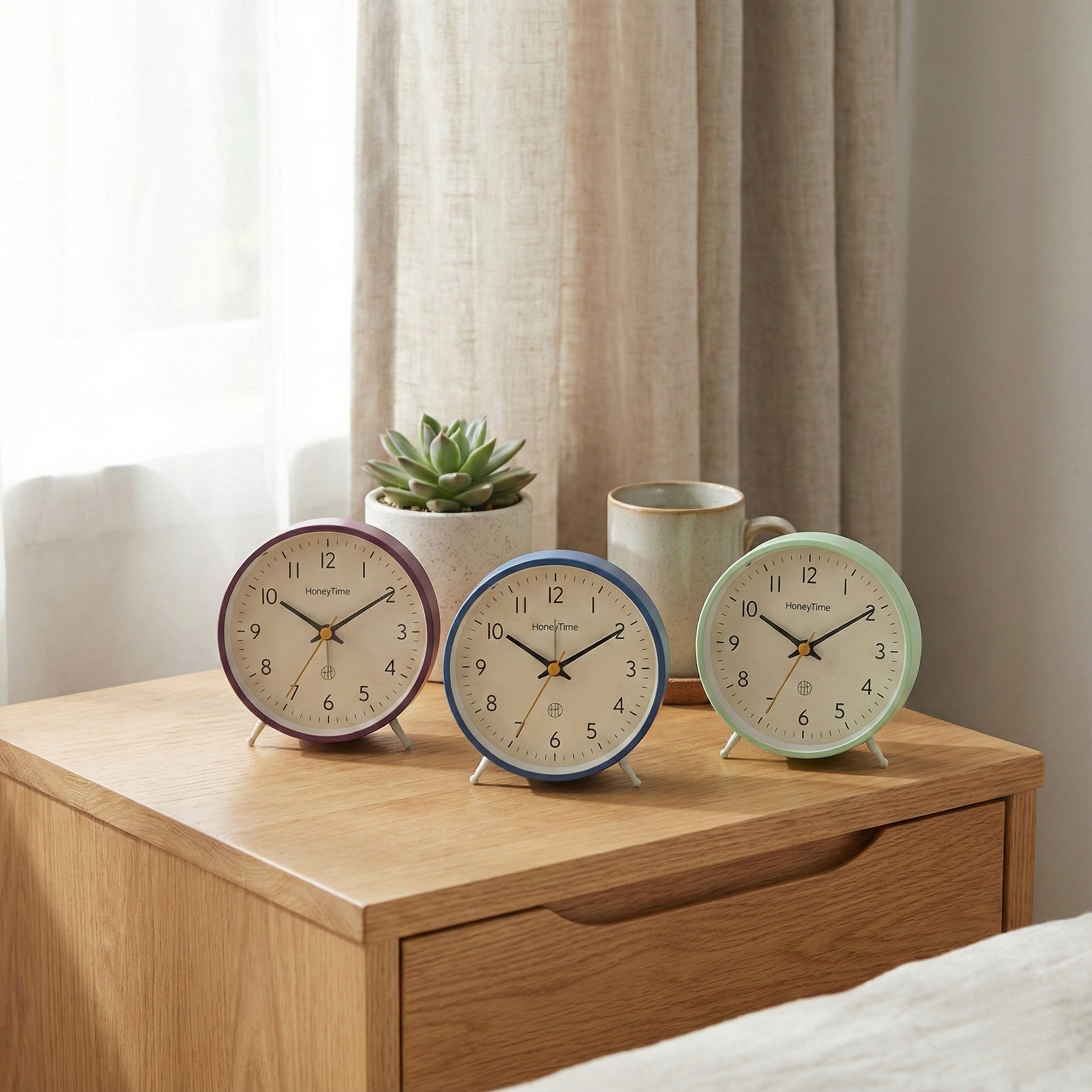Table Clock Modern Round Analog Alarm Clock with Colored Bezel