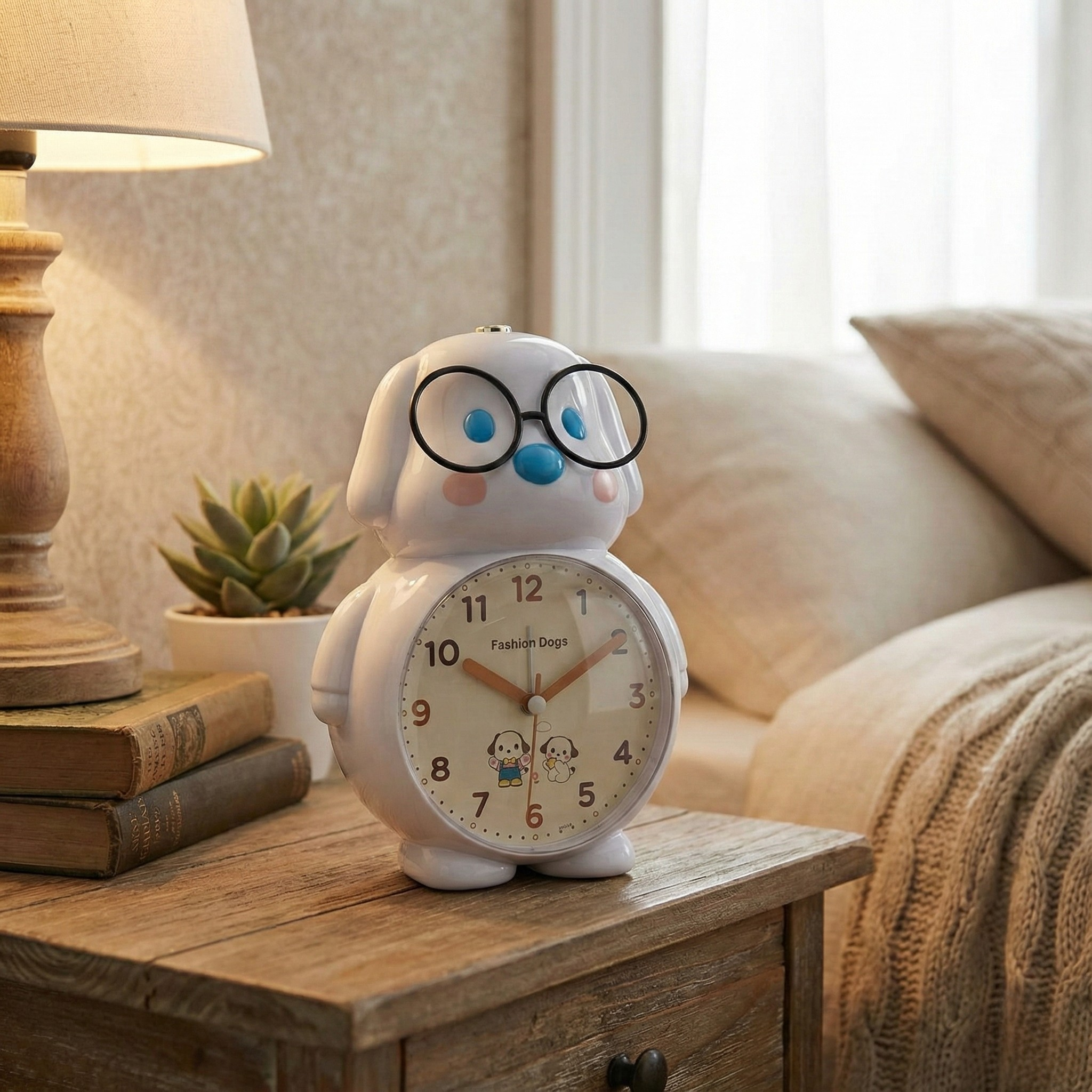 Table Clock Cute Dog with Glasses Analog Alarm Clock for Kids