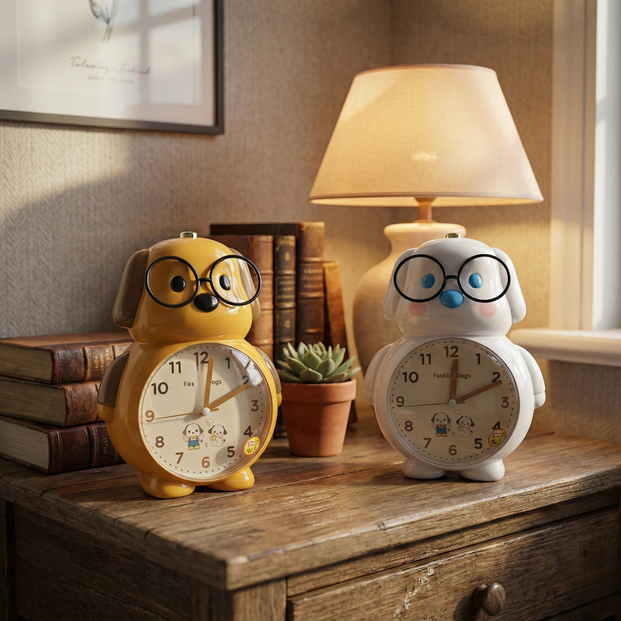 Table Clock Cute Dog with Glasses Analog Alarm Clock for Kids