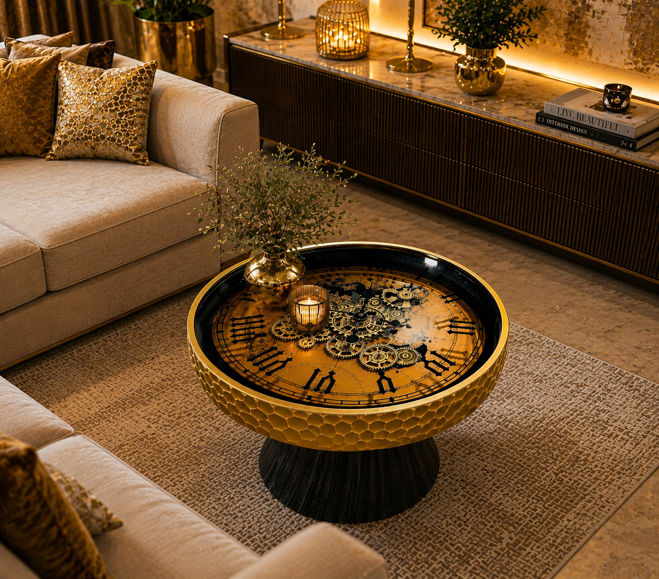 Royal Vintage Golden Clock Center Table