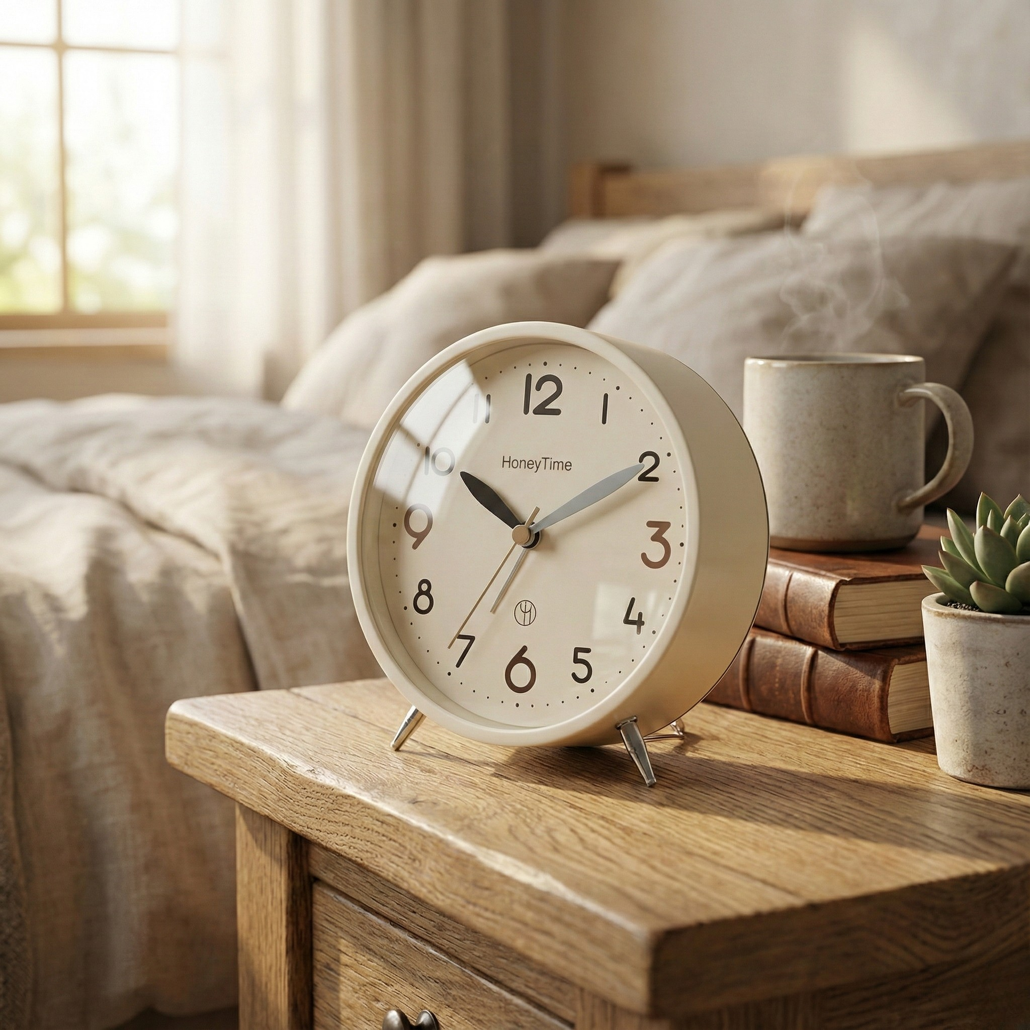 Table Clock Classic Round Analog Alarm Clock with Tripod Stand