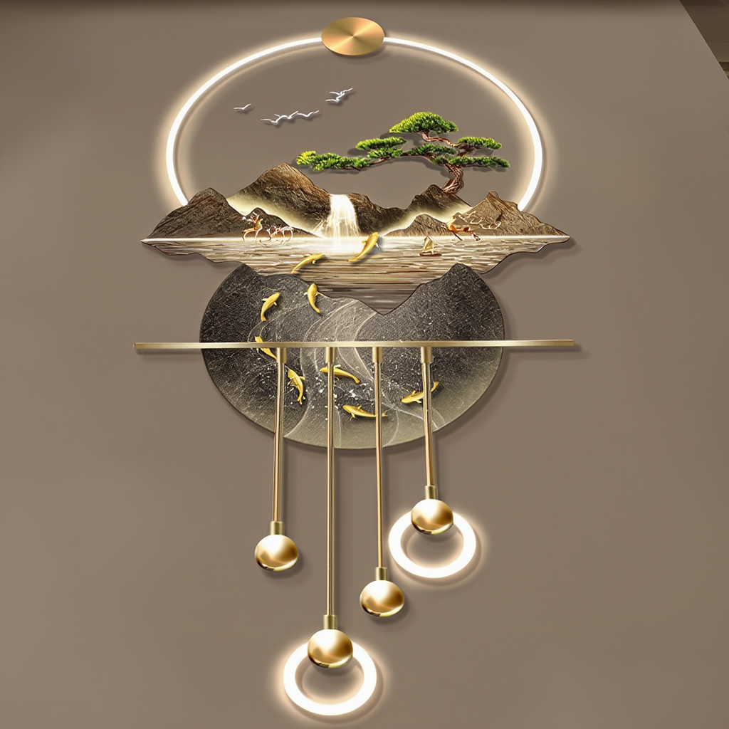 LED Crystal Paintings Zen Cascade: Luminous Mountain & Fish LED Crystal Wall Art with Pendulum Accents