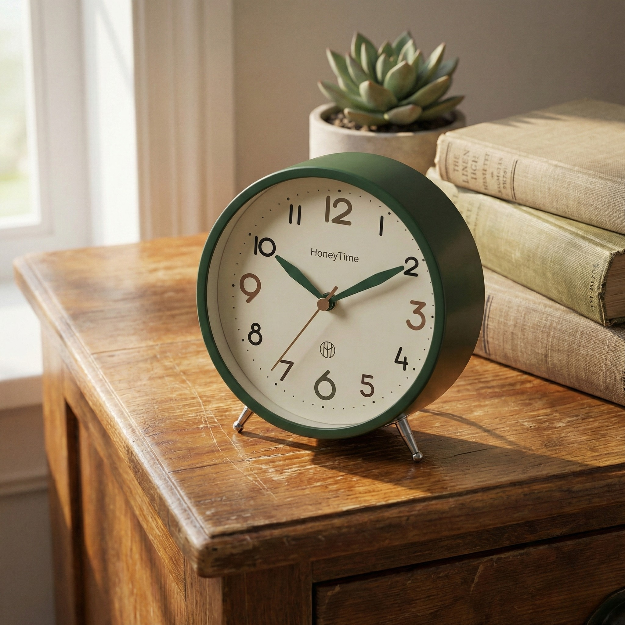 Table Clock Classic Round Analog Alarm Clock with Tripod Stand