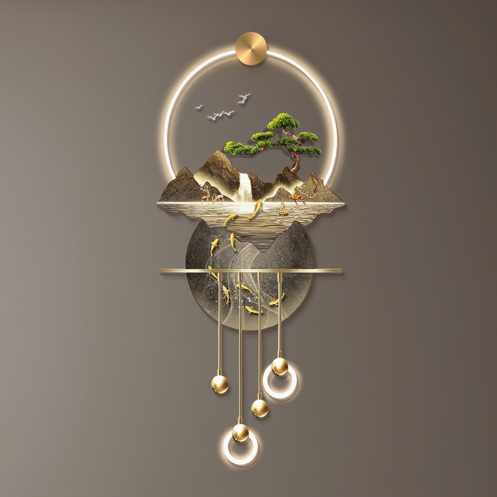 LED Crystal Paintings Zen Cascade: Luminous Mountain & Fish LED Crystal Wall Art with Pendulum Accents