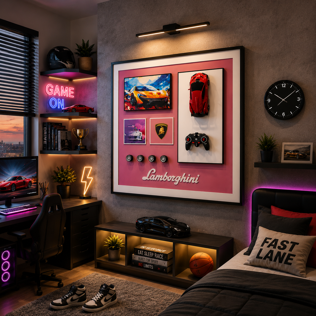 Premium Lamborghini Racing Car Wall Art | Luxury 3D Car Décor Painting for Gaming Room & Auto Lovers