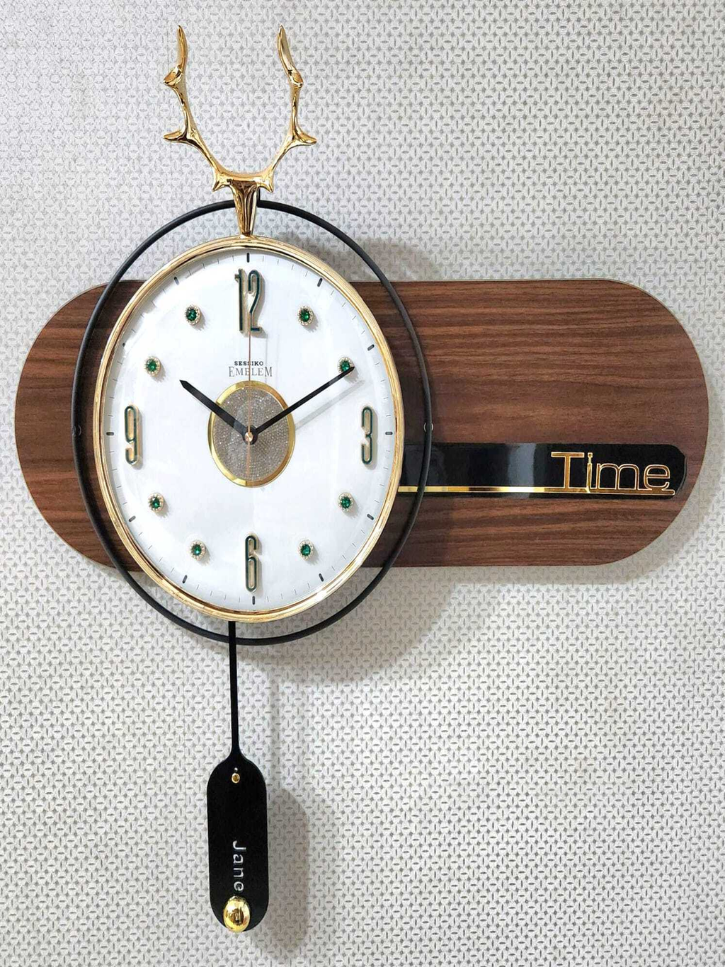 Metal Wall Clocks Elegant Antler Design Pendulum Wall Clock with Wooden Panel & Gold Accents