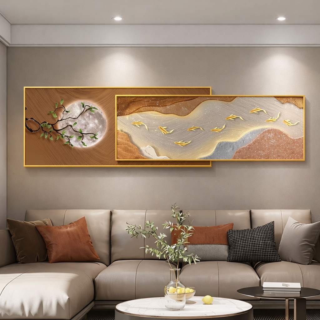Golden Moon Flow – Modern Crystal Painting with Double Metal Frame