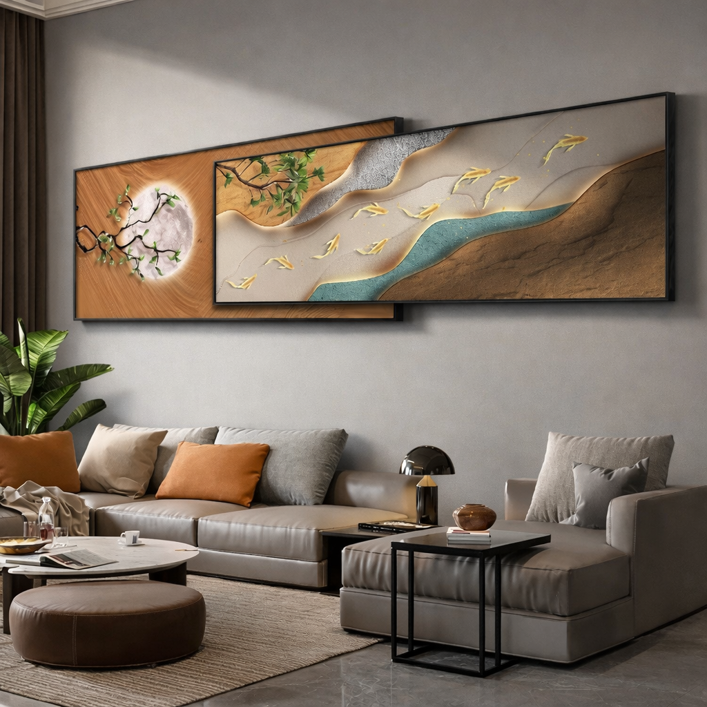 Moonlit Golden Flow- Modern Crystal Painting with Double Metal Frame