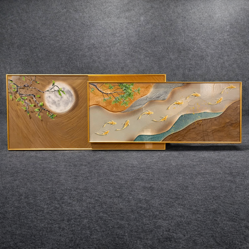 Moonlit Golden Current- Modern Crystal Painting with Double Metal Frame