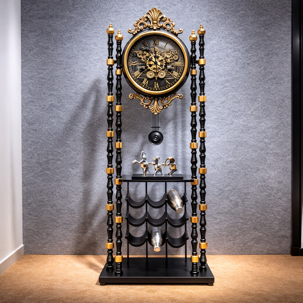 Royal Luxury Wine Rack Floor Clock – Antique Black & Gold Finish
