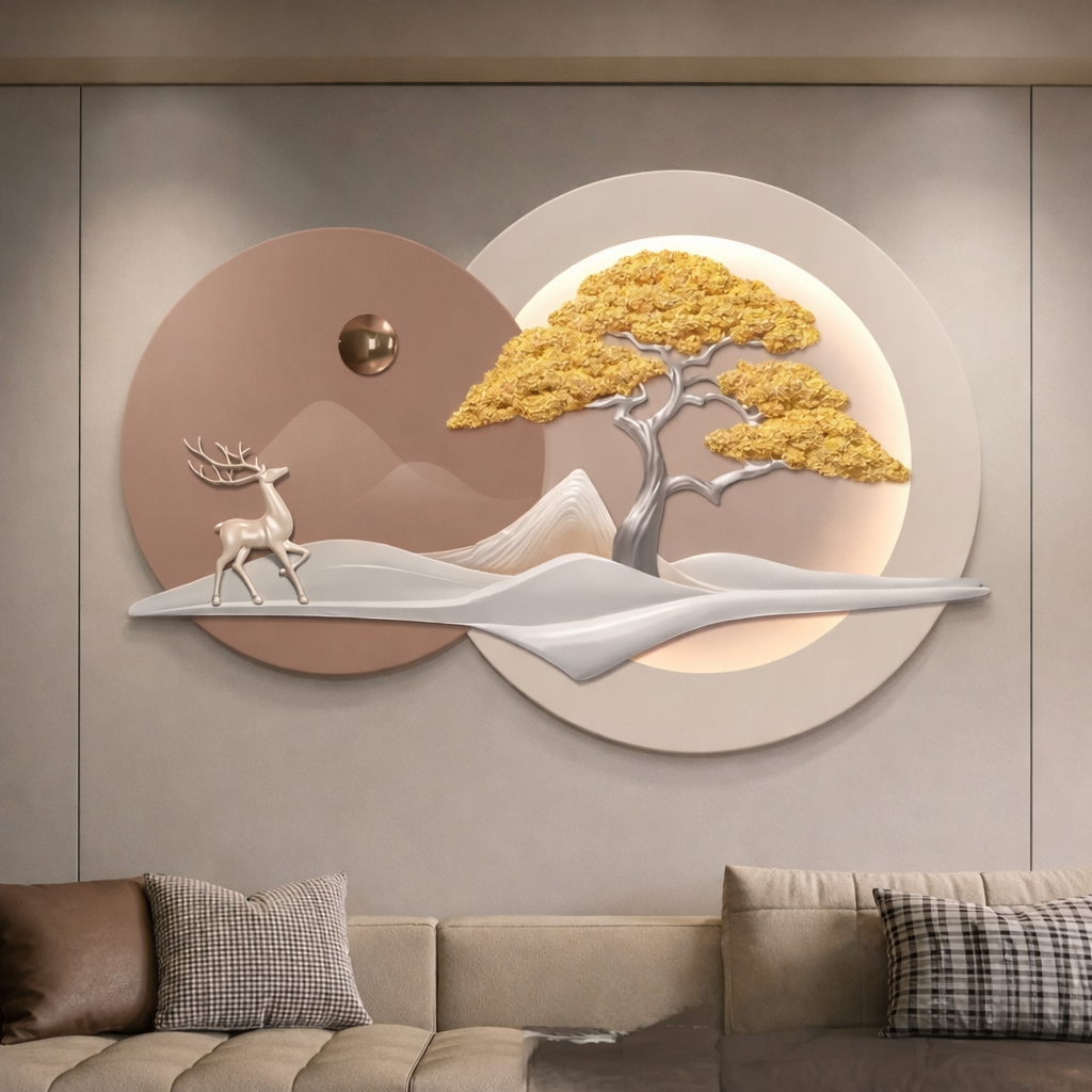 Golden Tree & Deer 3D Wall Art Panel