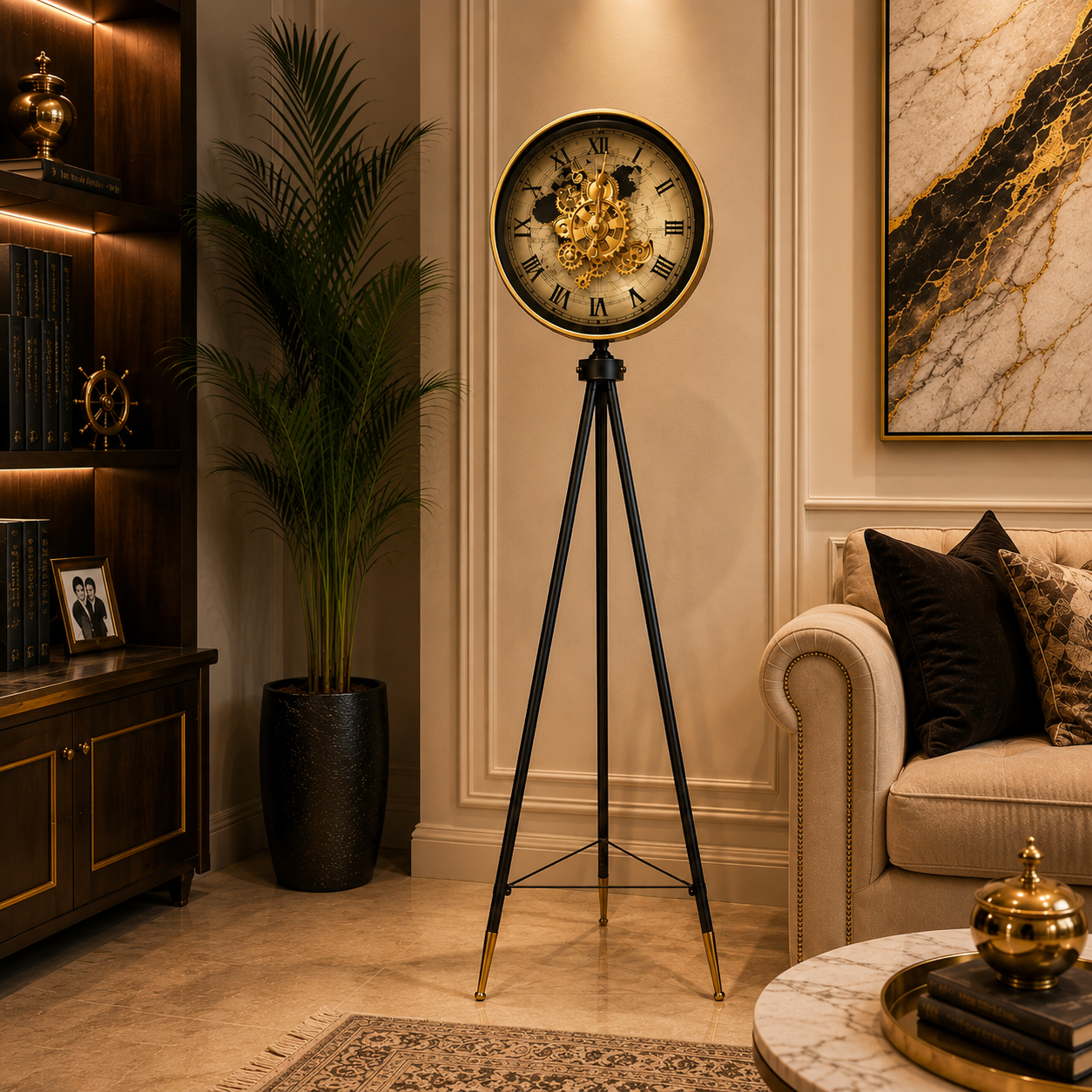 Luxury Tripod Floor Clock – Antique Gold & Black