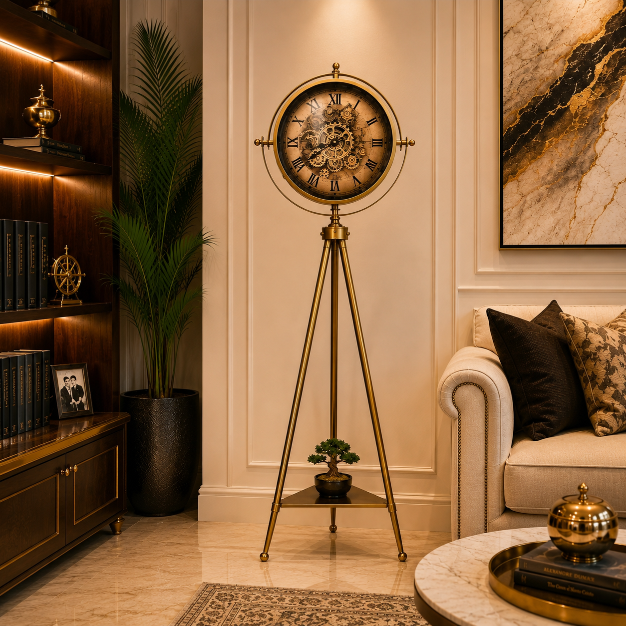 Luxury Golden Tripod Floor Clock – Vintage Roman Dial