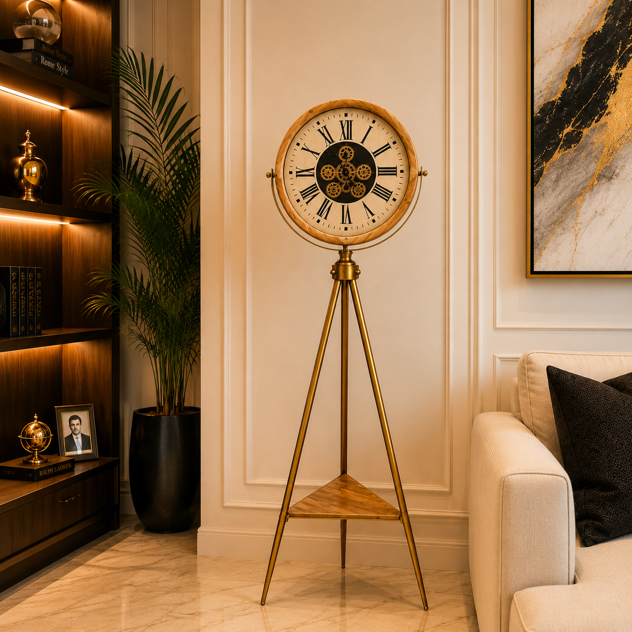 Luxury Wooden Tripod Floor Clock – Vintage Roman Dial