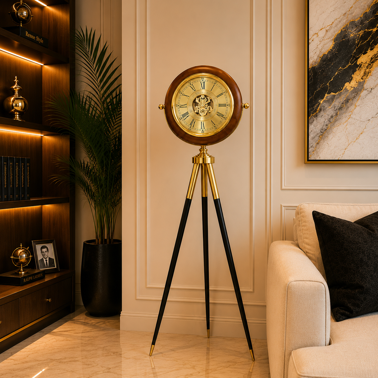 Luxury Tripod Floor Clock – Classic Gold & Wood