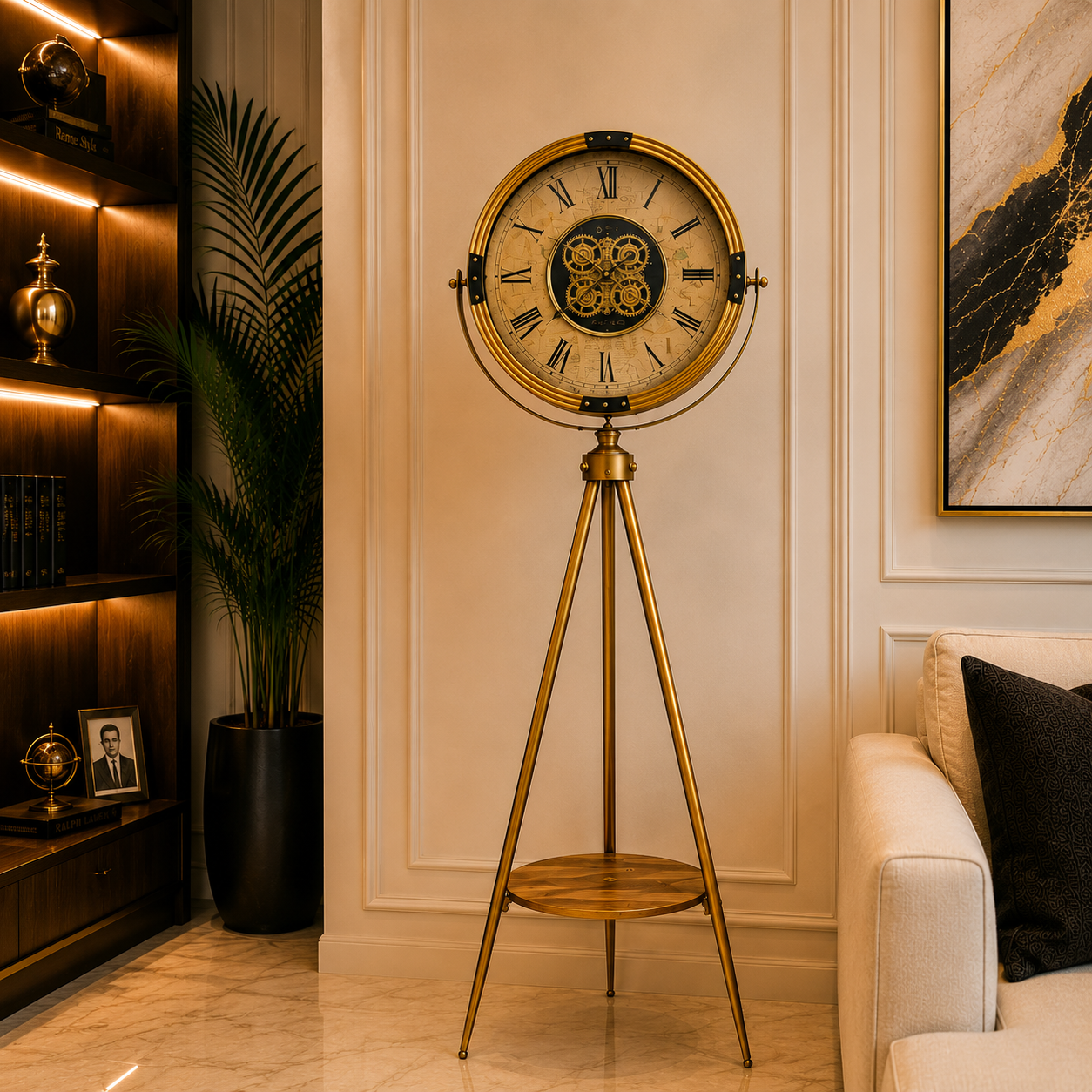 Luxury Tripod Floor Clock | Vintage Roman Gear Design