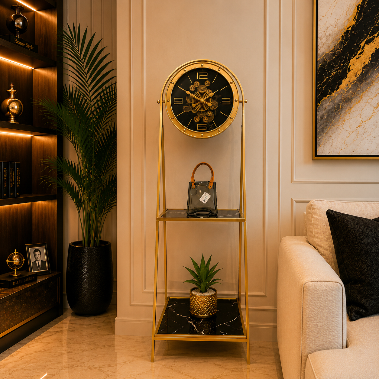Luxury Tripod Floor Clock with Display Stand | Black & Gold