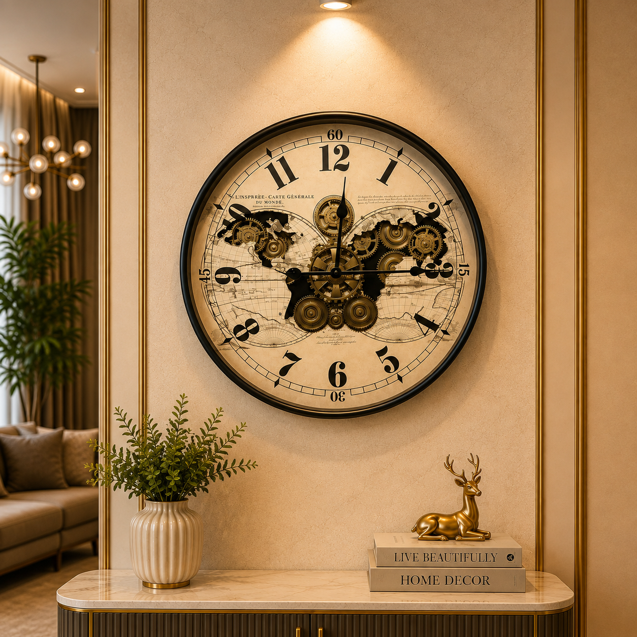 Luxury World Map Gear Moving Wall Clock