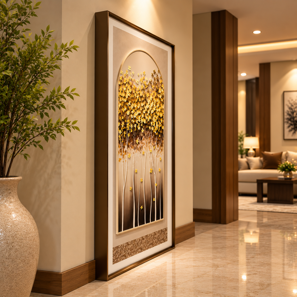 Golden Blossom Tree Leather Wall Art