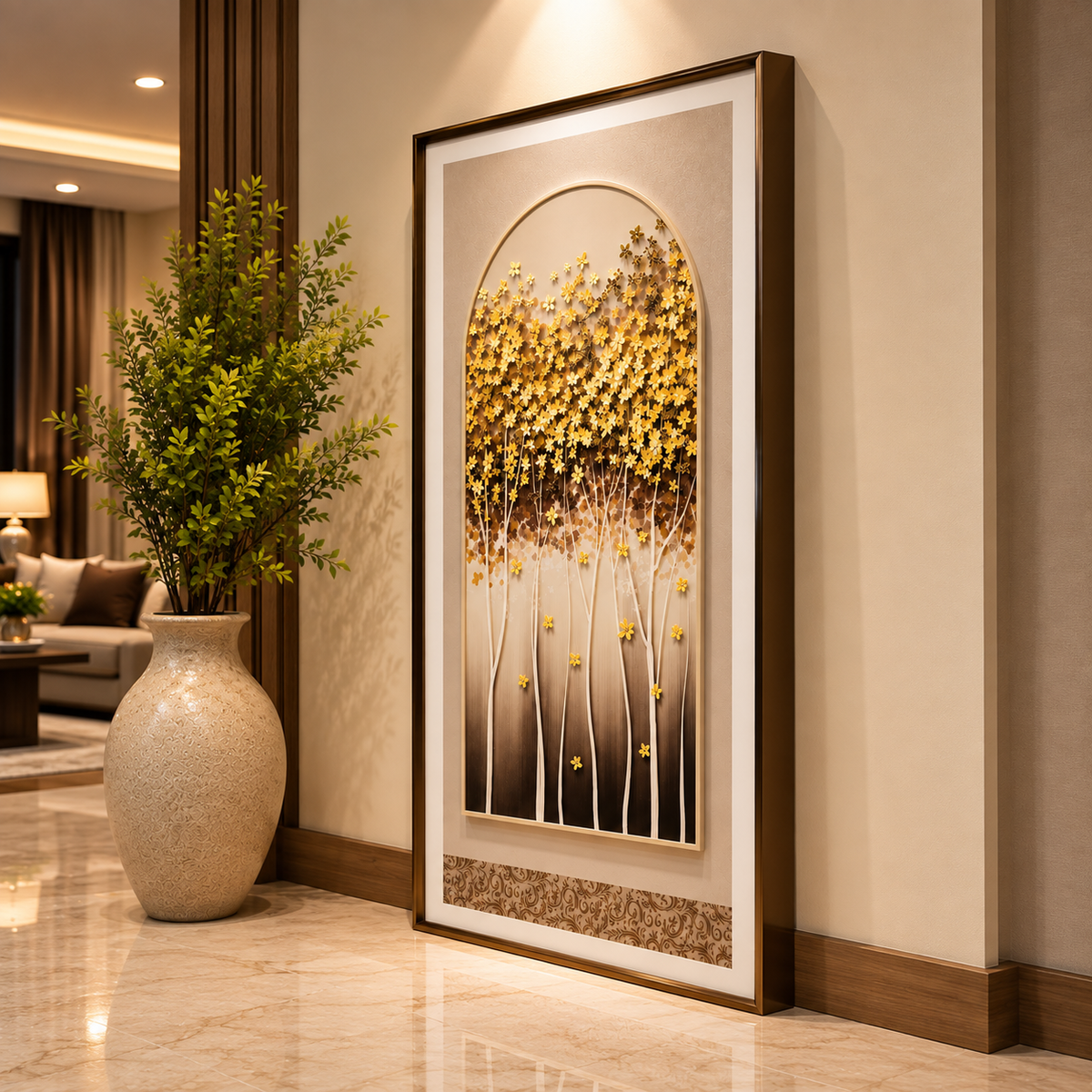 Golden Blossom Tree Leather Wall Art