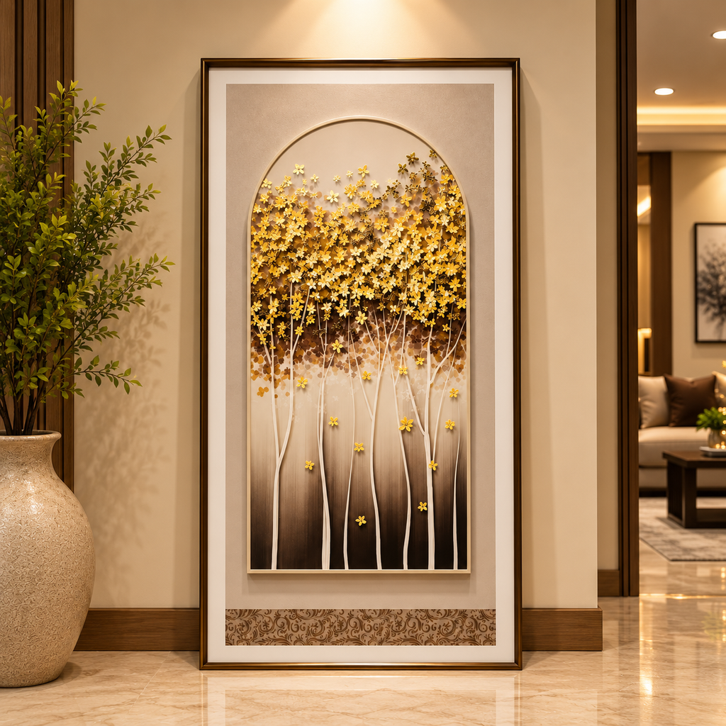 Golden Blossom Tree Leather Wall Art