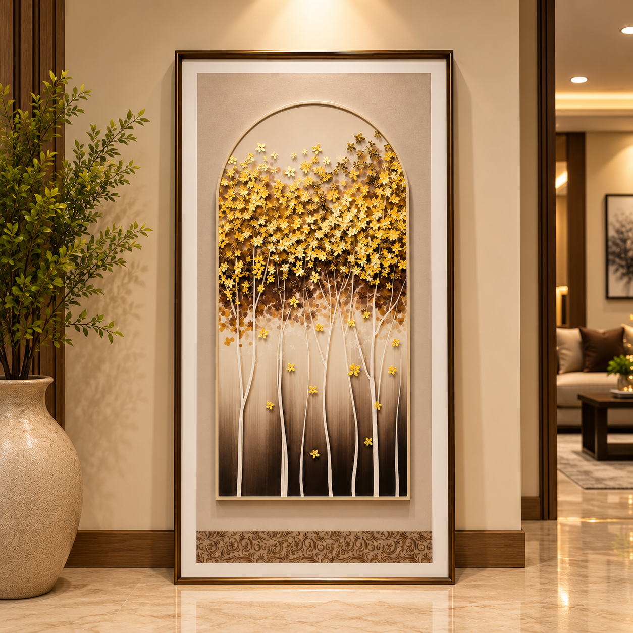 Golden Blossom Tree Leather Wall Art