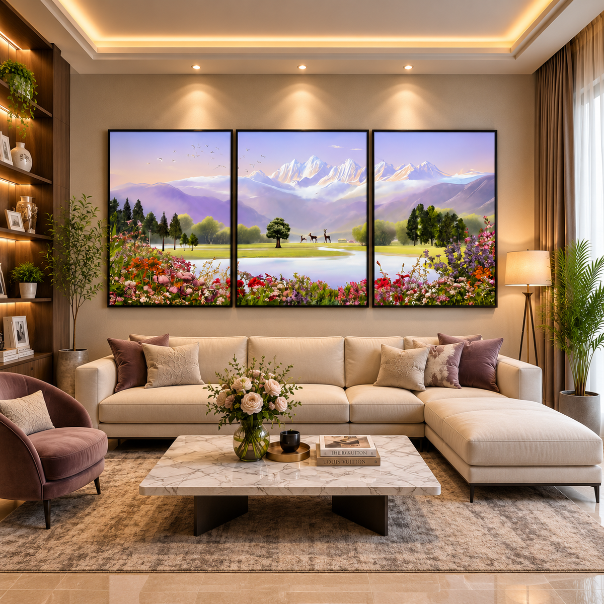 Serene Mountain Landscape Leather Painting – Set of 3