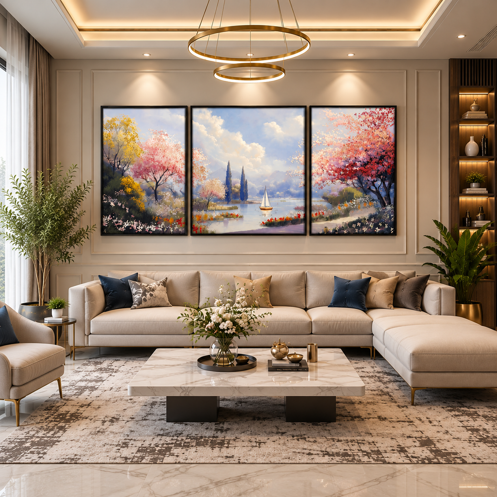 Serene Lakeside Blossom Landscape Leather Painting – Set of 3