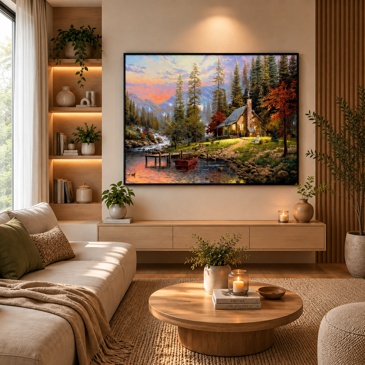 Rustic Mountain Cabin Landscape Leather Painting