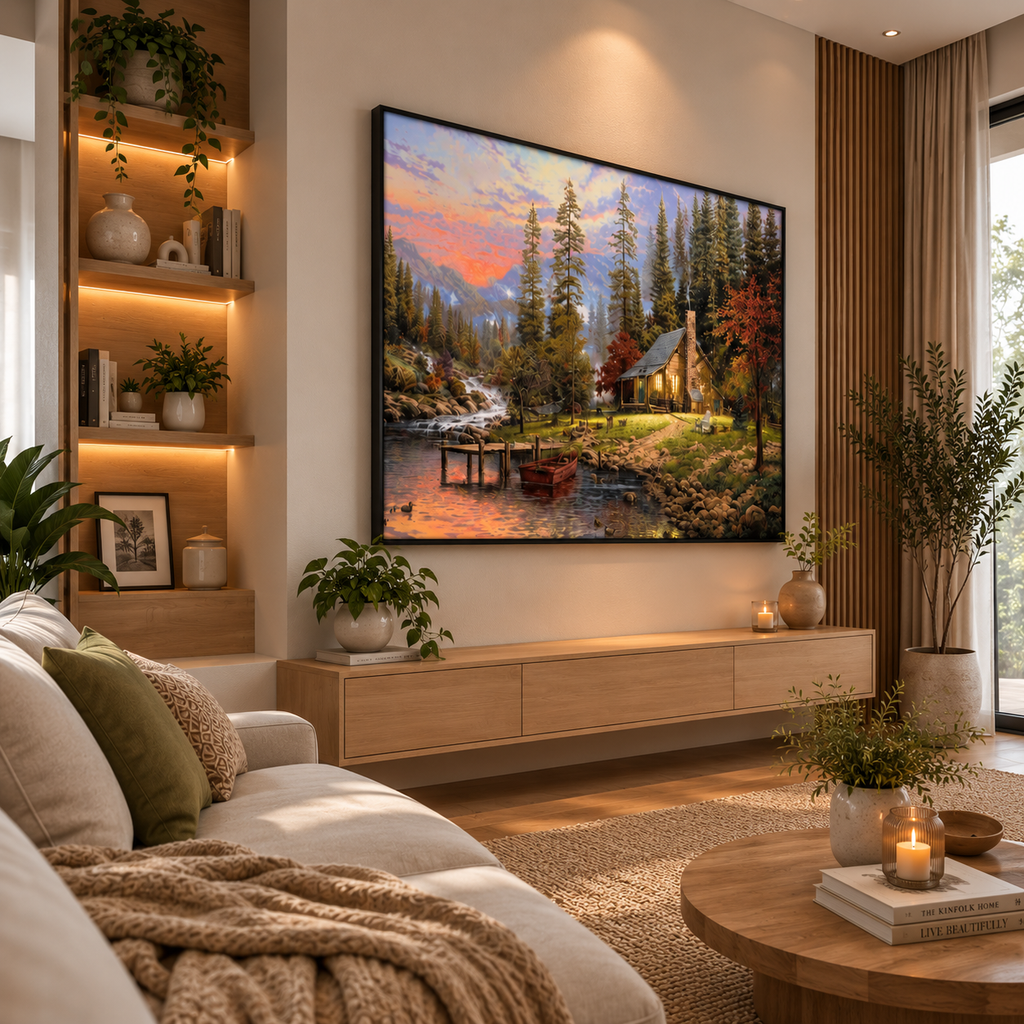 Rustic Mountain Cabin Landscape Leather Painting