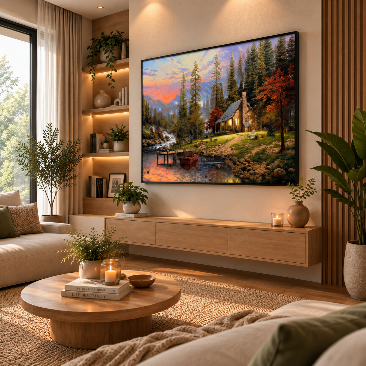 Rustic Mountain Cabin Landscape Leather Painting