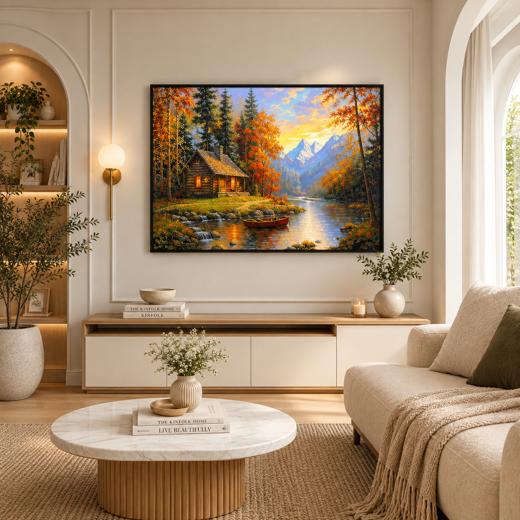 Autumn Cabin Serenity Leather Painting