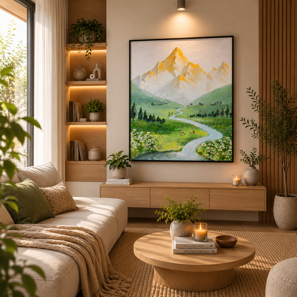 Serene mountain valley leather painting