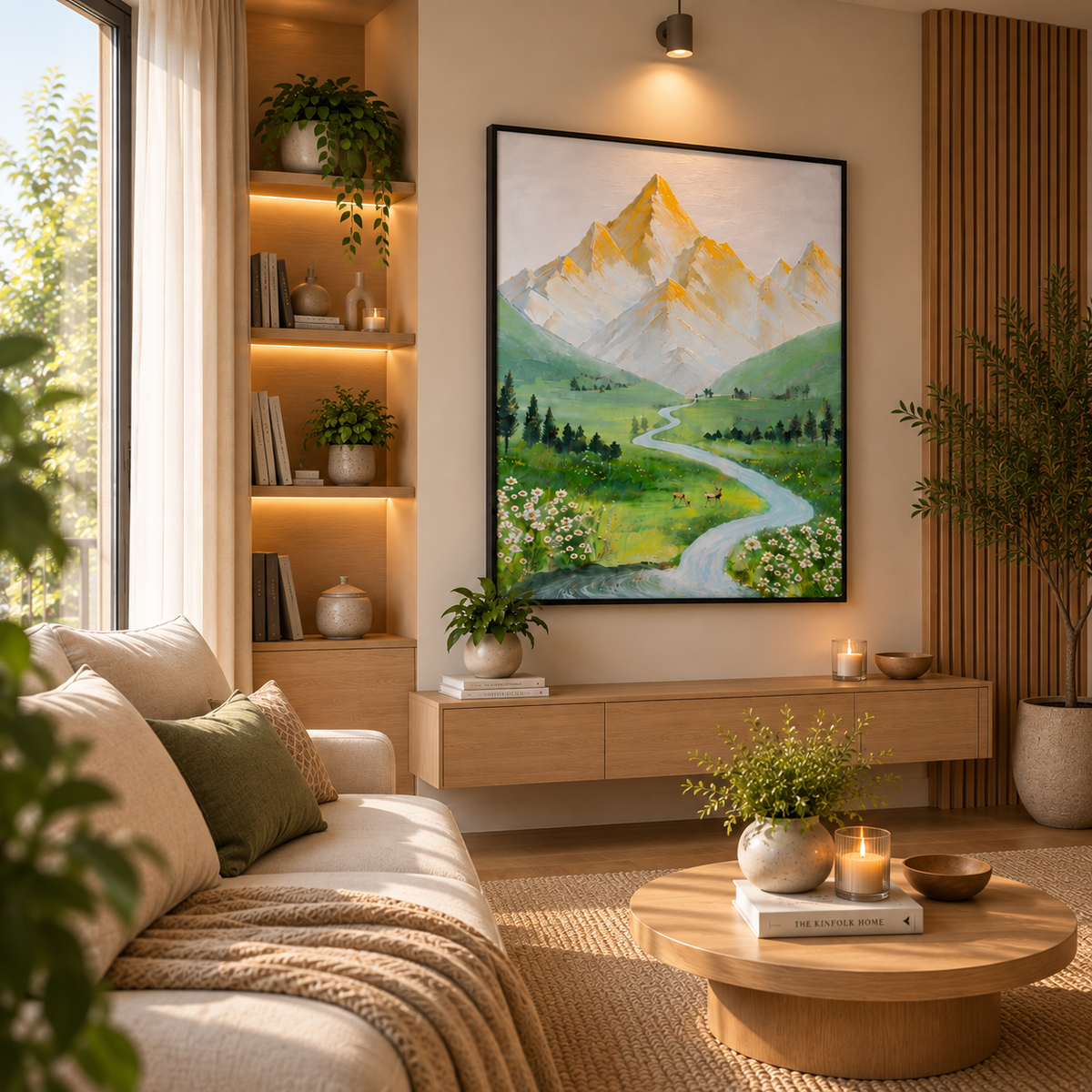Serene mountain valley leather painting
